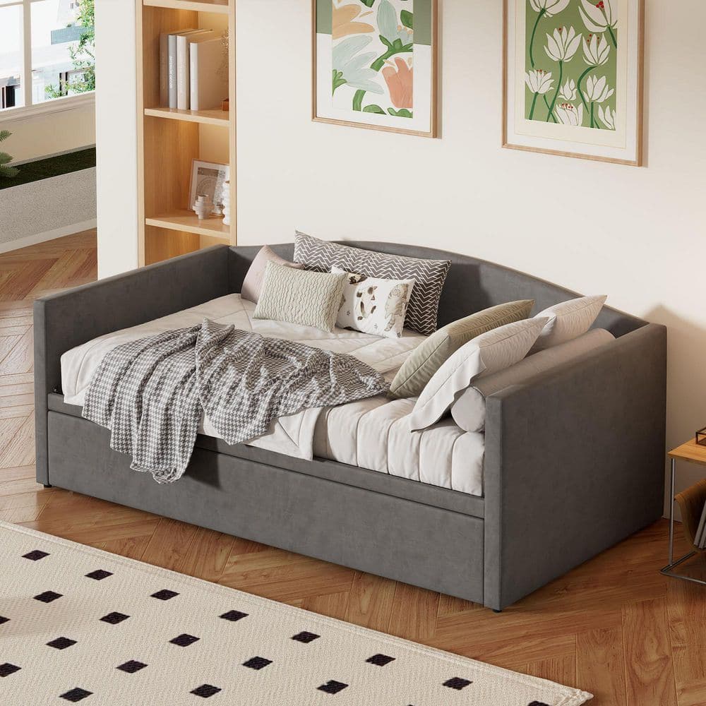 Eda Gray Twin Size Velvet Upholstered Daybed with Trundle Padded Armrests
