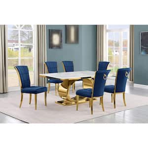 Ibraim 7-Piece Rectangle White Marble Top Gold Stainless Steel Dining Set With 6-Navy Blue Velvet Gold Iron Leg Chairs