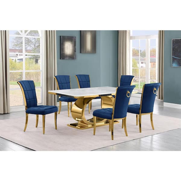 Best Quality Furniture Ibraim 7-Piece Rectangle White Marble Top Gold Stainless Steel Dining Set With 6-Navy Blue Velvet Gold Iron Leg Chairs