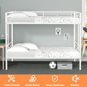White Metal Bed Frame Twin Over Twin Bunk Bed with Full-Length Guard Rails for Boys, Girls, Kids, Teens, Adults