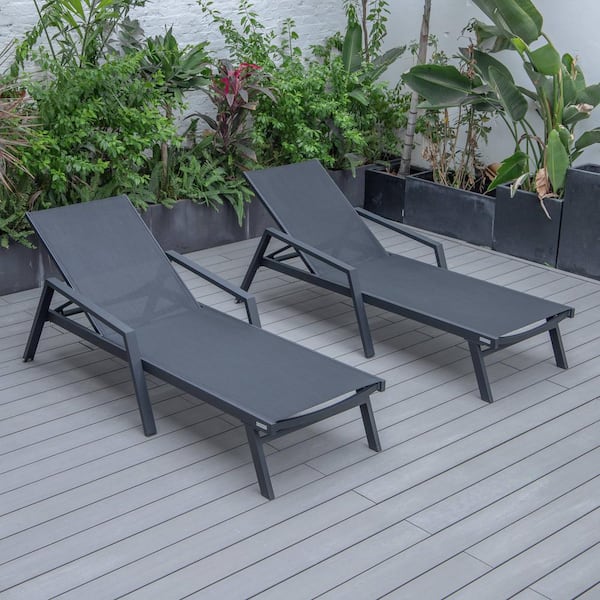 LeisureMod Marlin Modern Patio Chaise Lounge Arm Chair with Black Powder Coated Aluminum Frame in Black Set of 2