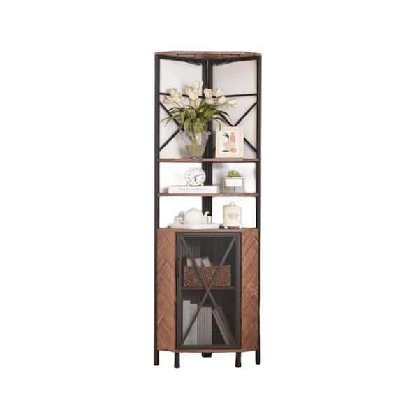 Aoibox 22.80 in. W x 15.50 in. D x 59.60 in. H Brown Wood Ready to Assemble Corner Storage Cabinet with Wine Rack and Shelves