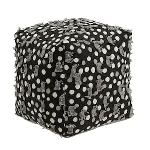 Black, White and Grey Poker Dot Fabric Upholstered Square Pouf Ottoman