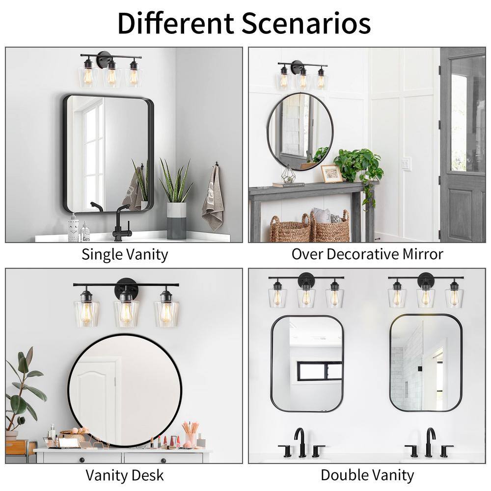 Atish Matte Black 3-Light Bathroom Vanity Fixture with Clear Glass Shades