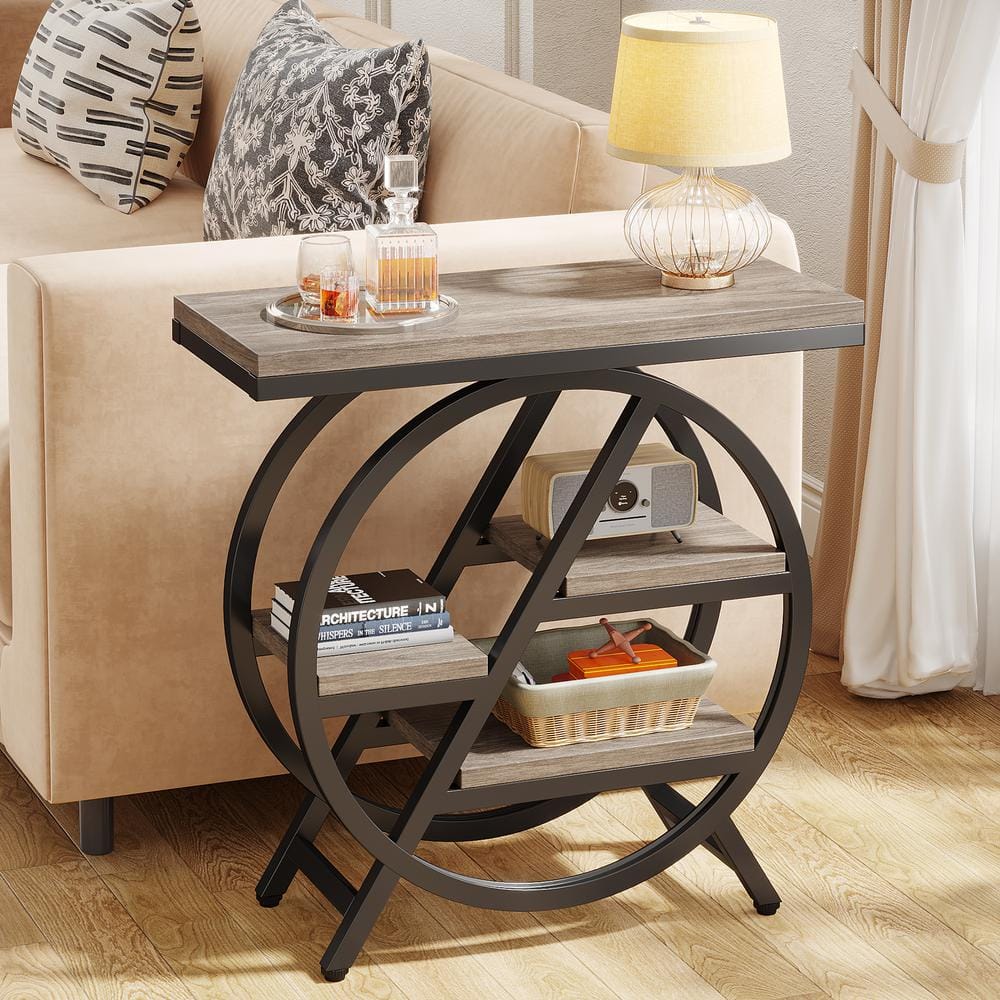 25.59 in. Rustic Brown Rectangle Engineered Wood End Table, 3-Tier Narrow Side Table with Storage, Set of 2 - thumbnail 10