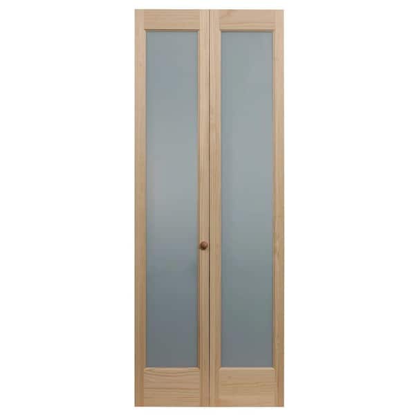 Pinecroft 24 in. x 80 in. Full Frosted Glass Frost 1-Lite Pine Wood Interior Bi-Fold Door