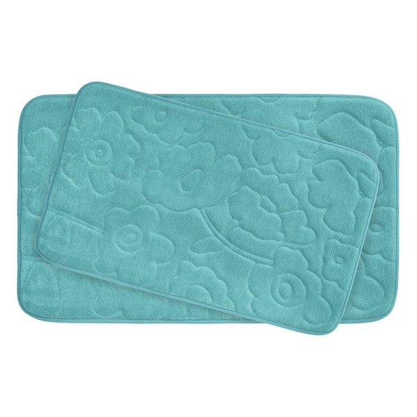 BounceComfort Stencil Floral 17 in. x 24 in./ 20 in. x 34 in. 2-Piece Memory Foam Bath Mat Set in Turquoise