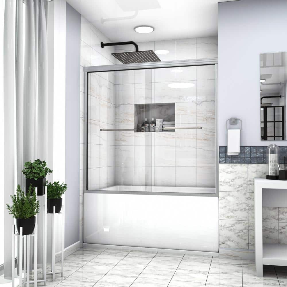 60 in. W x 58-1/8 in. H Sliding Semi-Frameless Tub Door in Brushed Nickel w