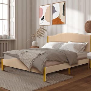 Beige Wooden Upholstered Bed Frame Queen Size Platform Bed with Quilted Headboard, Not Need Box Spring