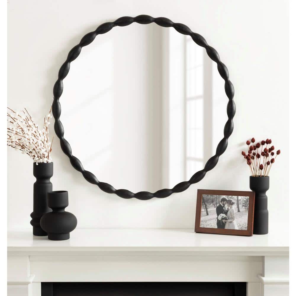 Perlina 26" Black Round Scalloped Vanity Mirror
