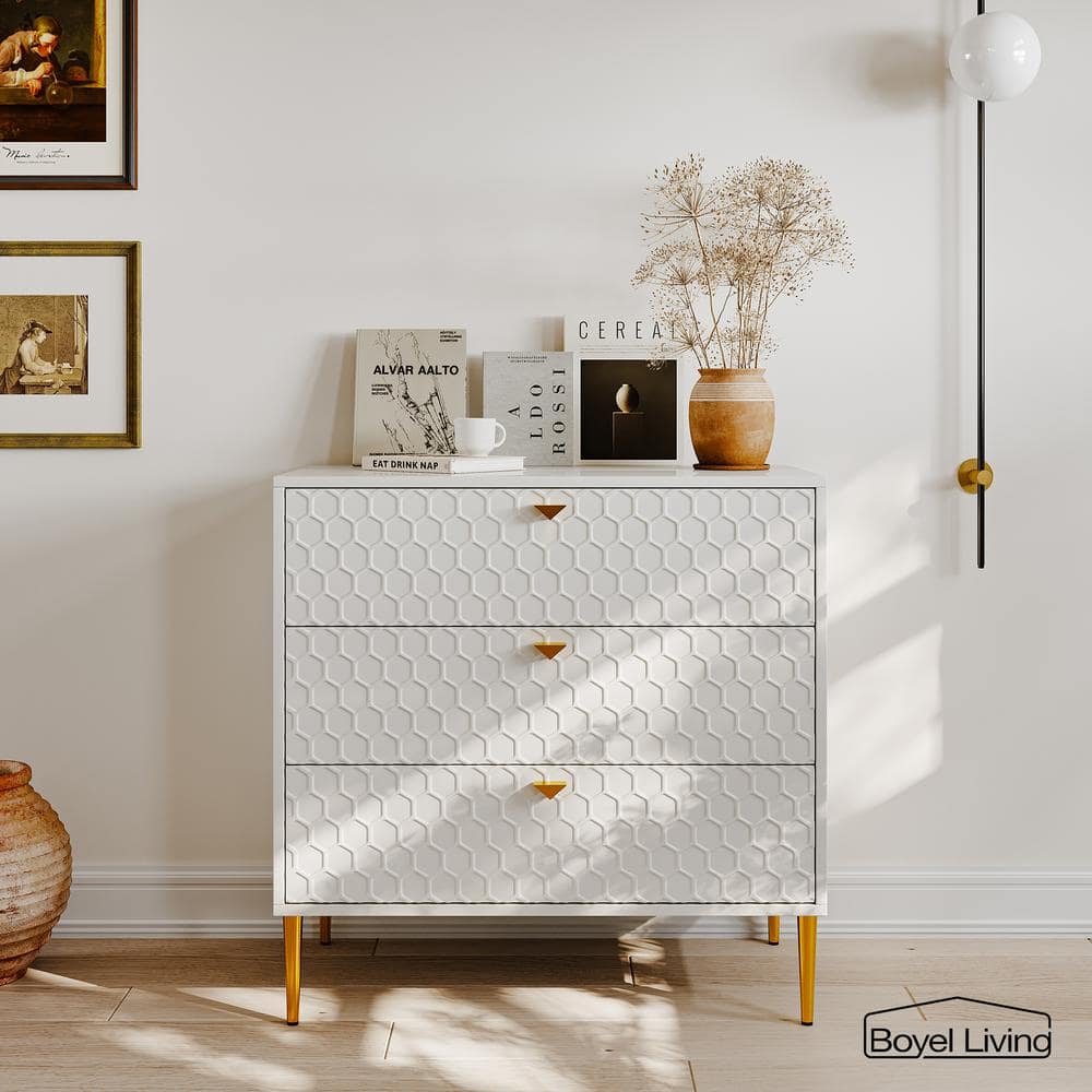 White Honeycomb Pattern 3-Drawer Mid-Century Modern Accent Cabinet