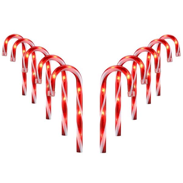 10 in. Red Christmas Candy Cane Garden Stake Pathway Markers with Light Up Feature for Holiday Decor(10-Pack)