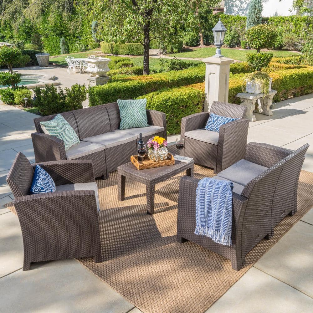 Noble House 5-Piece Faux Wicker Patio Conversation Set with Mixed Beige ...