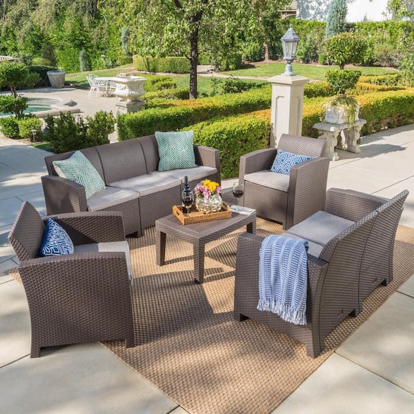 Noble House 5-Piece Faux Wicker Outdoor Patio Conversation Set with Mixed Beige Cushions