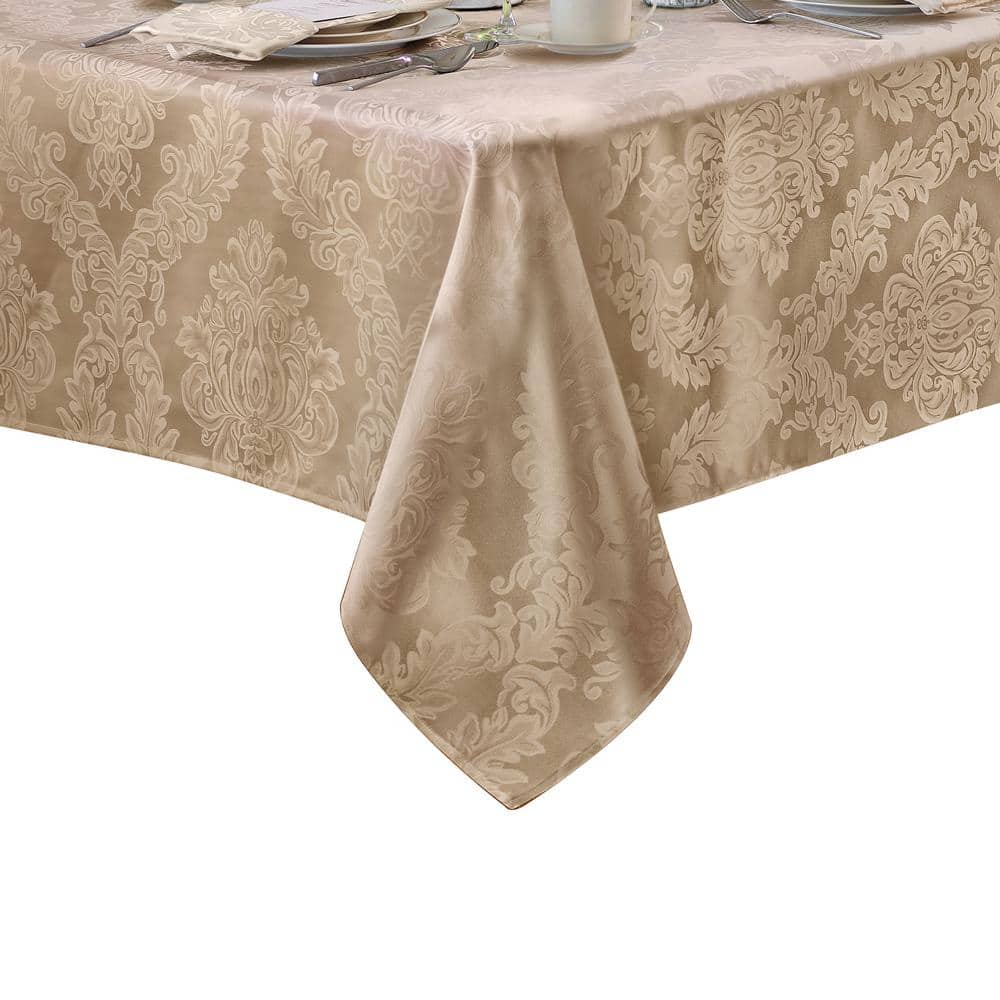 60 in. W x 84 in. L Oblong Beige Barcelona Damask Fabric Tablecloth