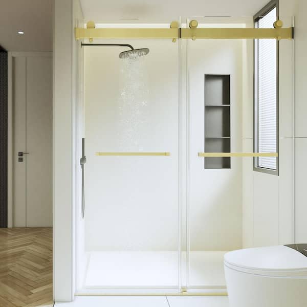 ANGELES HOME 56-60 in. W x 76 in. H Sliding Semi-Frameless Shower Door in Brushed Gold Finish with Clear Glass, 3/8 in. (10 mm)