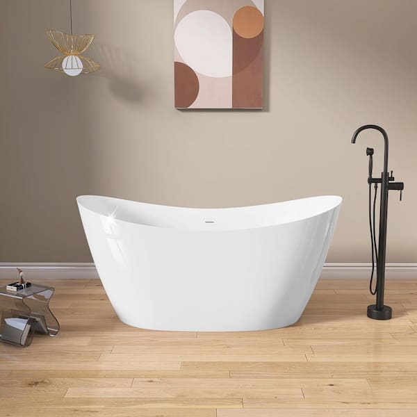 59 in. x 29.5 in. Free Standing Deep Soaking Double Slipper Alone Bath Tub Oval Acrylic Freestanding Bathtubs in White