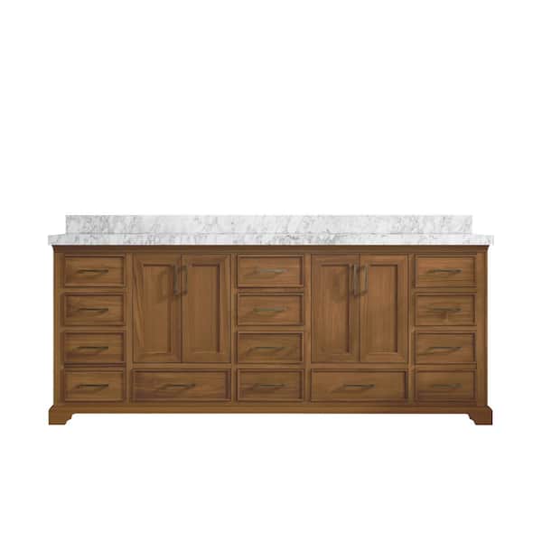 Willow Collections Charlotte Teak 84 in. W x 22 in. D x 36 in. H Double Sink Bath Vanity in Dark Natural with 2 in. Calacatta Nuvo Top