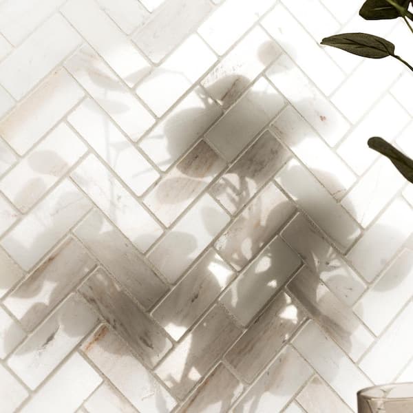 MSI - Angora Herringbone 12 in. x 14 in. x 0.38 in. Polished Marble Mesh-Mounted Mosaic Tile (1 sq.ft./Each)