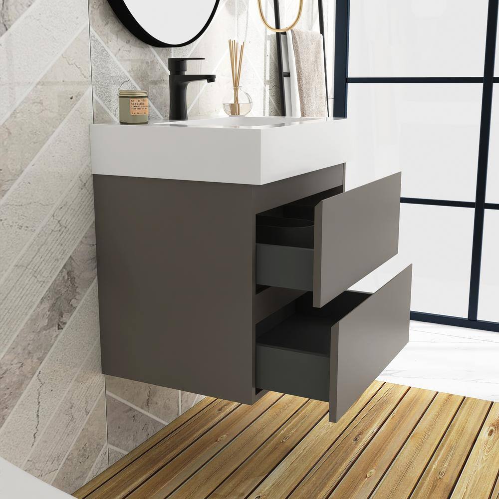 24" Grey Wall-Mounted Bathroom Vanity with White Cultured Marble Sink