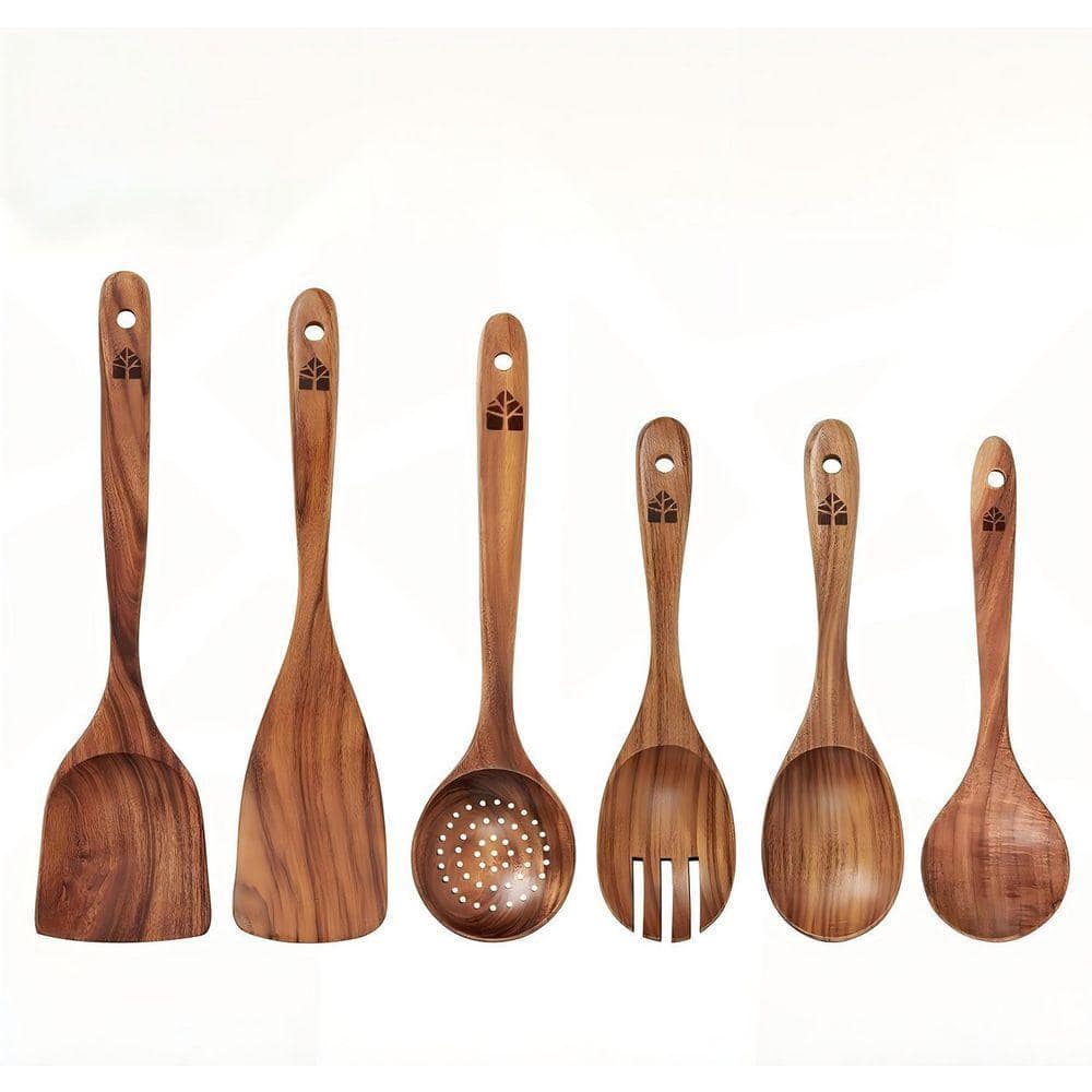 Flynama 6-Piece Wooden Cooking Spoon Set,Heat-Resistant, Smooth Teak ...