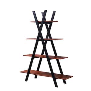 59 in. Cherry/Black Wood 4-shelf Ladder Bookcase with Open Back