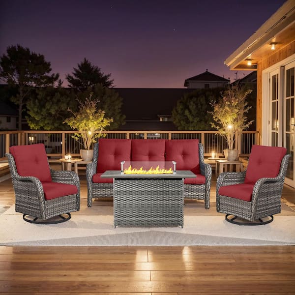 4-Piece Gray Wicker Fire Pit Conversation Set with Olefin Red Cushions and 2 Swivel Glider Chairs and Couch