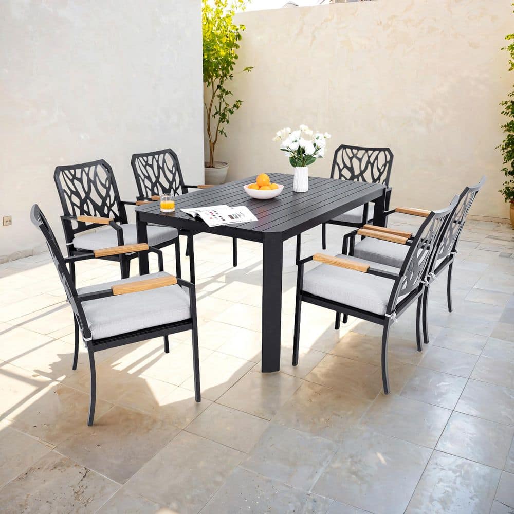 7-Piece Black Aluminum Rectangular Table Outdoor Dining Set with 6 Dining Chairs and Light Gray Sunbrella Cushions