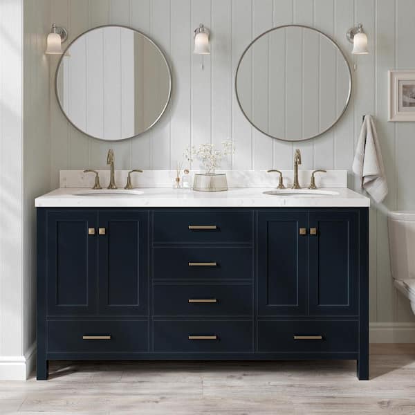 ARIEL Cambridge 66 in. W x 22 in. D x 36 in H Double Oval Sink Bath Vanity in Midnight Blue with Carrara White Quartz Top