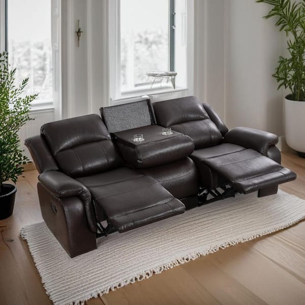 HOMESTOCK 85.82 in. D Rolled Arm Faux Leather Rectangle Push Back Recliner Sofa in Espresso
