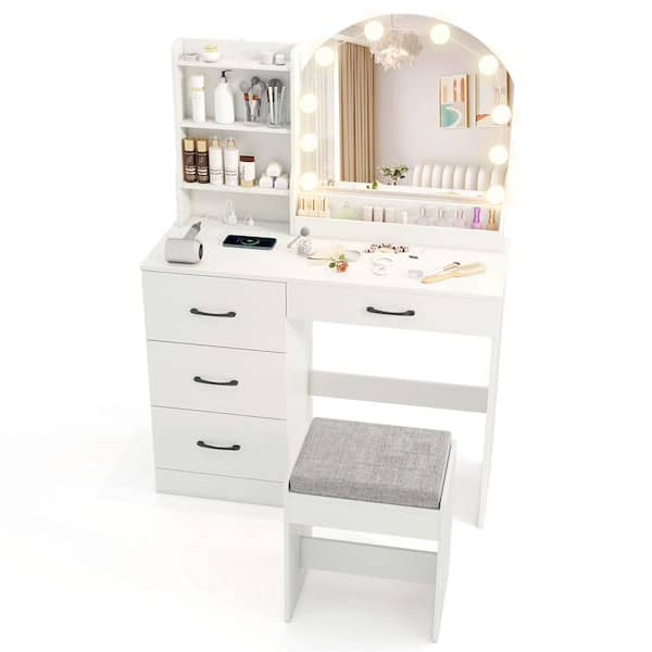 2-Piece White Makeup Vanity Set with Mirror and Lights with 3-Color Lighting and Adjustable Brightness