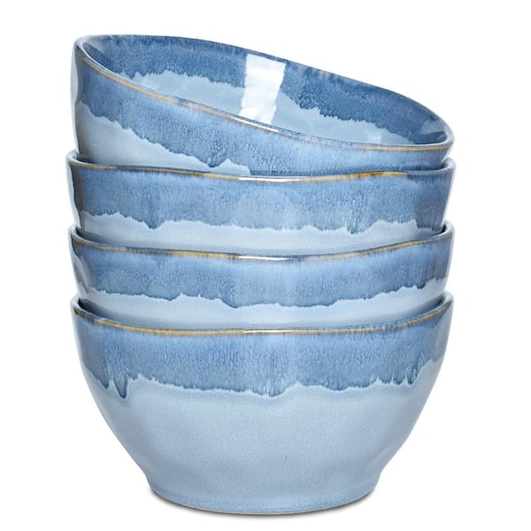 Reactive Glaze Ceramic Bowl Set of 4, 28 Oz Deep Bowls for Soup, Cereal, Oatmeal and Salad in Blue