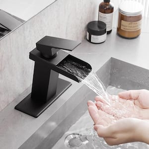 Single Handle Single Hole Bathroom Faucet with Deck Plate, Waterfall Square Bathroom Faucet Deck Mount in Matte Black