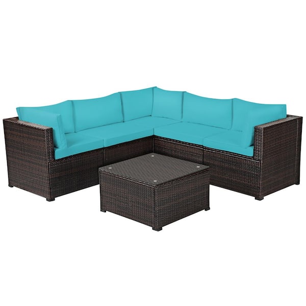 Gymax 6-Piece Wicker Rattan Patio Outdoor Sectional Set Sofa Conversation Set with Turquoise Cushions