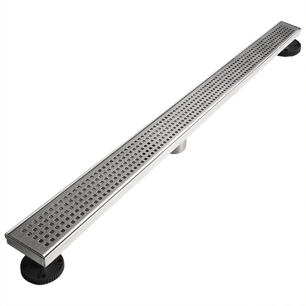 24-Inch Brushed Stainless Steel Linear Shower Drain with Square Pattern