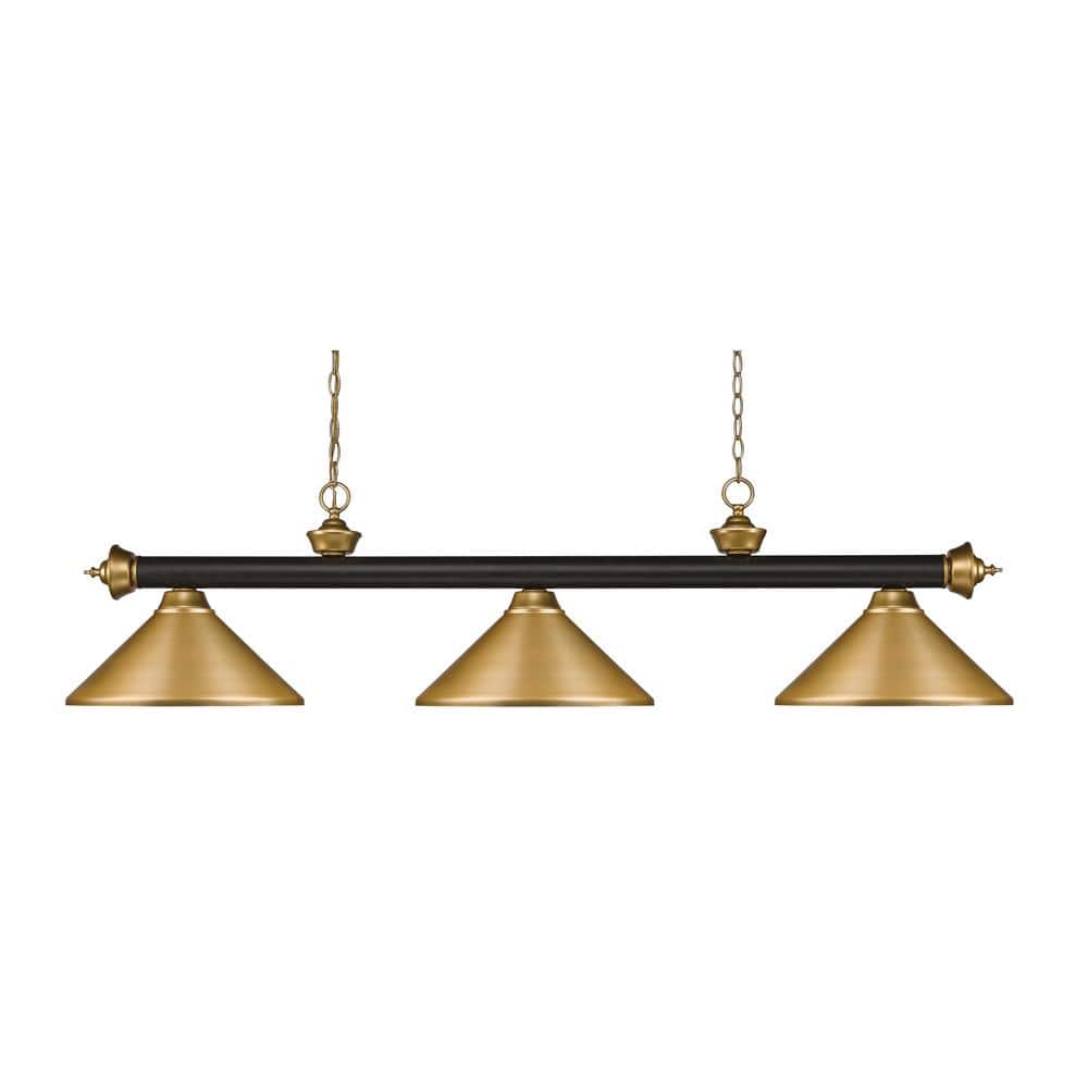 Bronze and Satin Gold 3-Light Billiard Fixture with Metal Shades