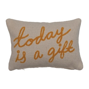 Cream and Mustard Embroidered Today Is A Gift Design Polyester 14.5 in. x 9.5 in. Throw Pillow