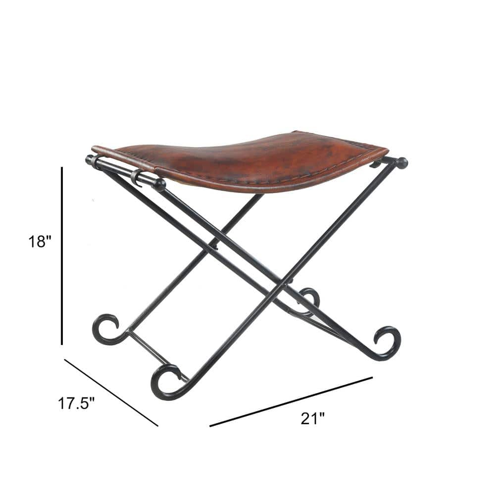 Warm Brown Leather & Black Iron Foldable Accent Stool
