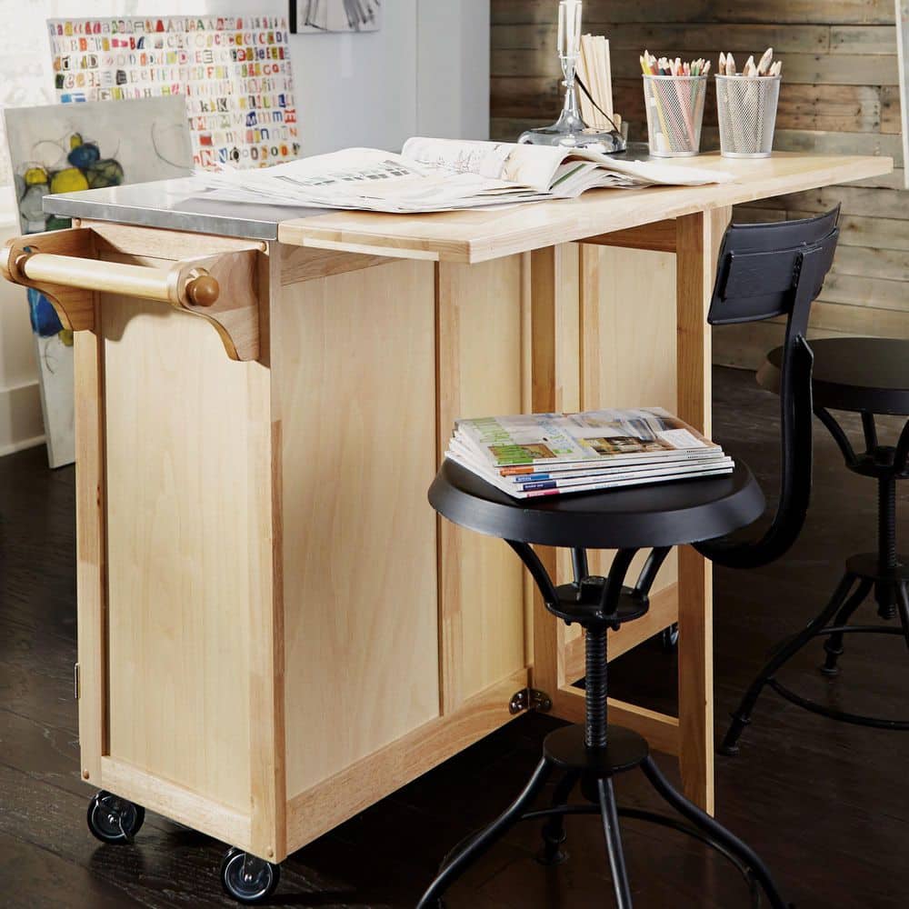 Natural Wood Kitchen Cart with Stainless Steel Top and Drop Leaf