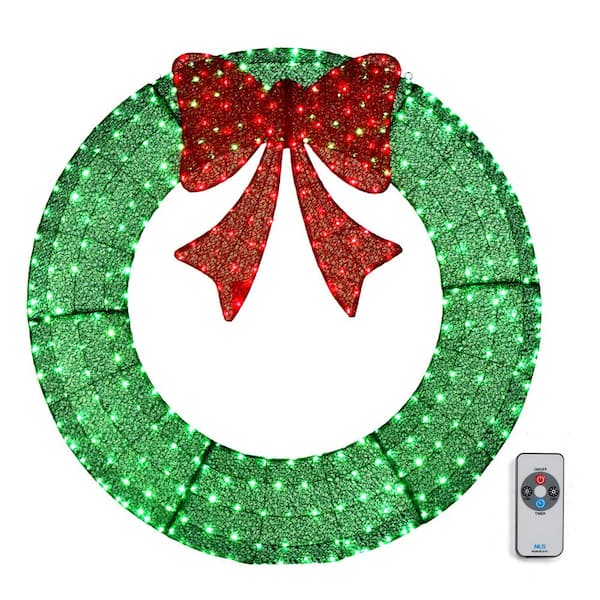 Karl home 4 ft. Green Pre-lit LED Outdoor Large Wreath Artificial Christmas Garland with Red Bows
