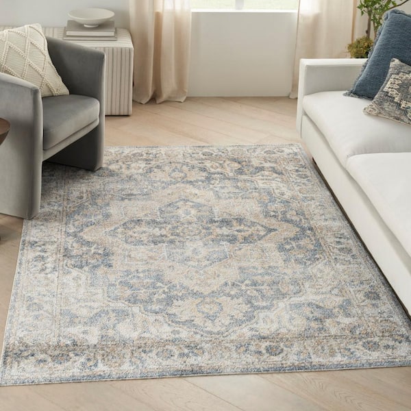 Astra Machine Washable Grey Blue 4 ft. x 6 ft. Distressed Traditional Area Rug