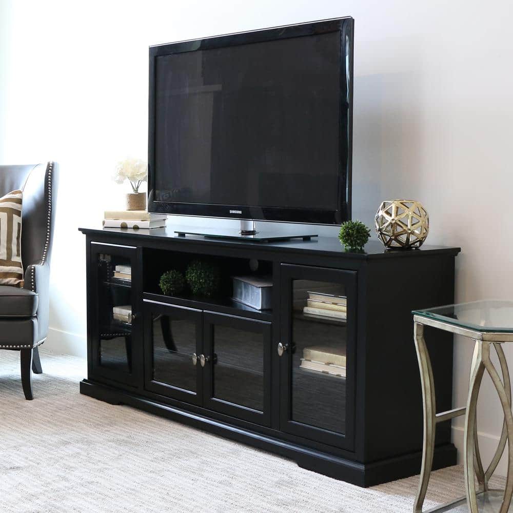 Matte Black 70-Inch TV Stand with Glass Cabinets