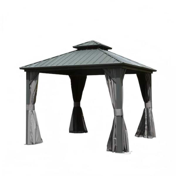 8 ft. x 8 ft. Hardtop Gazebo, Aluminum Metal Gazebo with Galvanized Steel Double Roof Canopy, Curtain and Netting