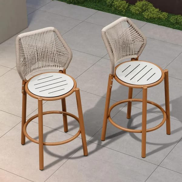 PURPLE LEAF Patio Aluminum Armless Counter Height Outdoor Bar Stool Rattan Metal Seat for Back Proch Deck Accent Balcony