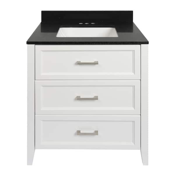 Amluxx Capri 31 in. W x 22 in. D Bath Vanity in White with Quartz Stone Vanity Top in Galaxy Black with White Basin