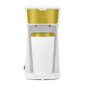 Personal Single Serve 1 Cup Coffee Maker Includes 14Oz. Stainless Steel Interior Thermal Travel Mug, White and Gold