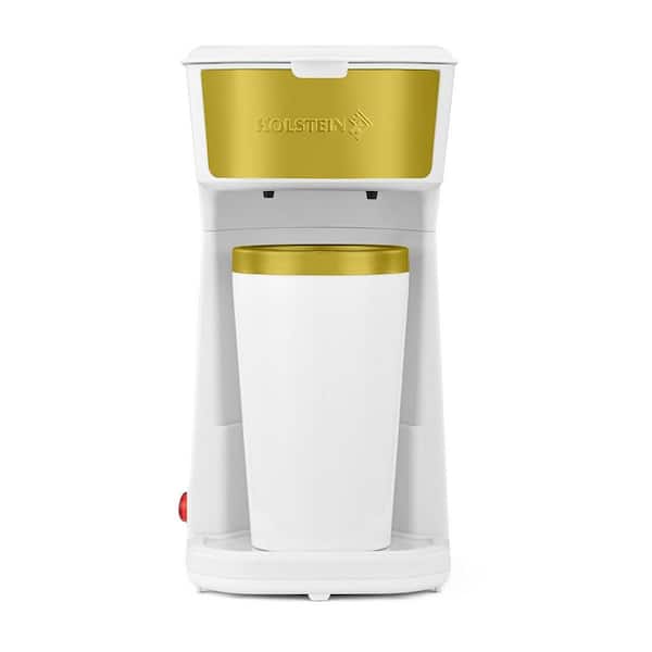 Personal Single Serve 1 Cup Coffee Maker Includes 14Oz. Stainless Steel Interior Thermal Travel Mug, White and Gold