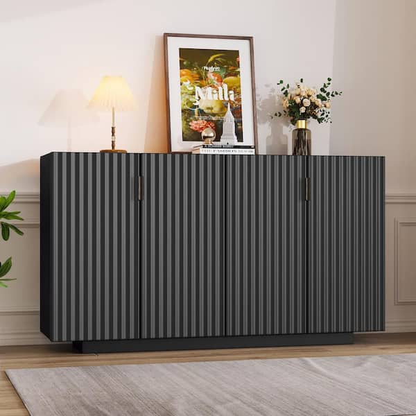 Harper & Bright Designs Black Wood 59.8 in. Sideboard with Adjustable Shelves, Plastic Foot Pads, 4-Wavy Doors and Copper Handles
