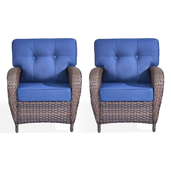 Modern Seaside Series 2-Piece Patio Wicker Outdoor Lounge Chair with Blue Cushions