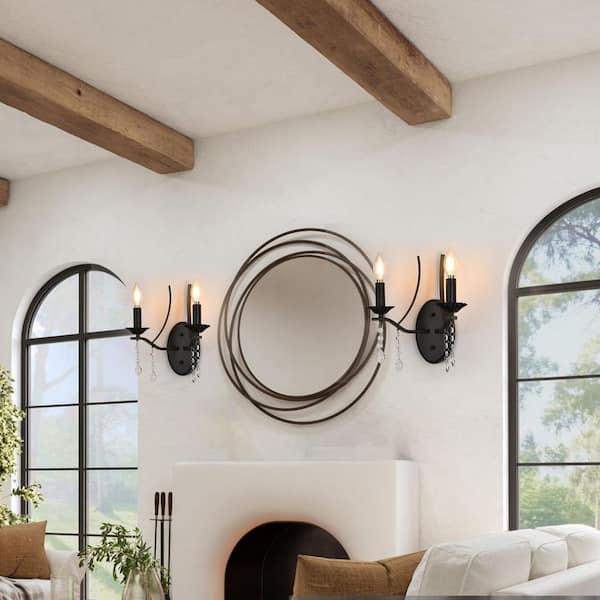 Vintage 11.2 in. 2-Light Black Candlestick Wall Sconce with Crystal Pendant and No Bulb Included